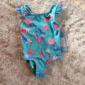 Tommy Bahama Girls Turquoise Floral Flamingo One-Piece Swimsuit